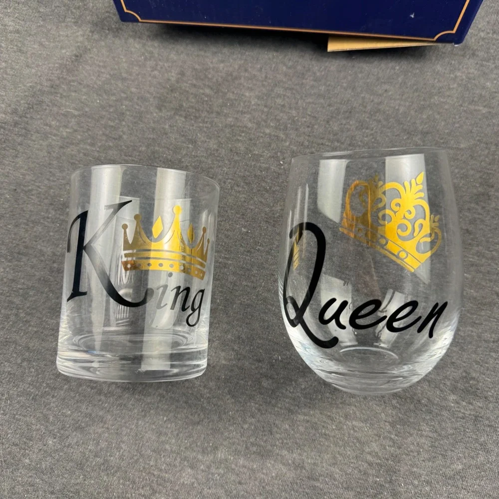 King Queen Crown Stemless‎ Wine Glass Set Couple Gift Surprise Box